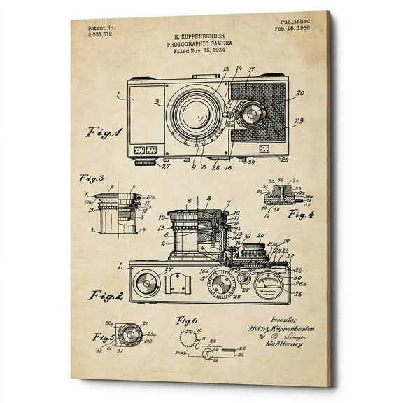 Epic Graffiti "Camera, 1936 Blueprint Patent Parchment" Giclee Canvas Wall Art, 12" x 18" 12" x 18"