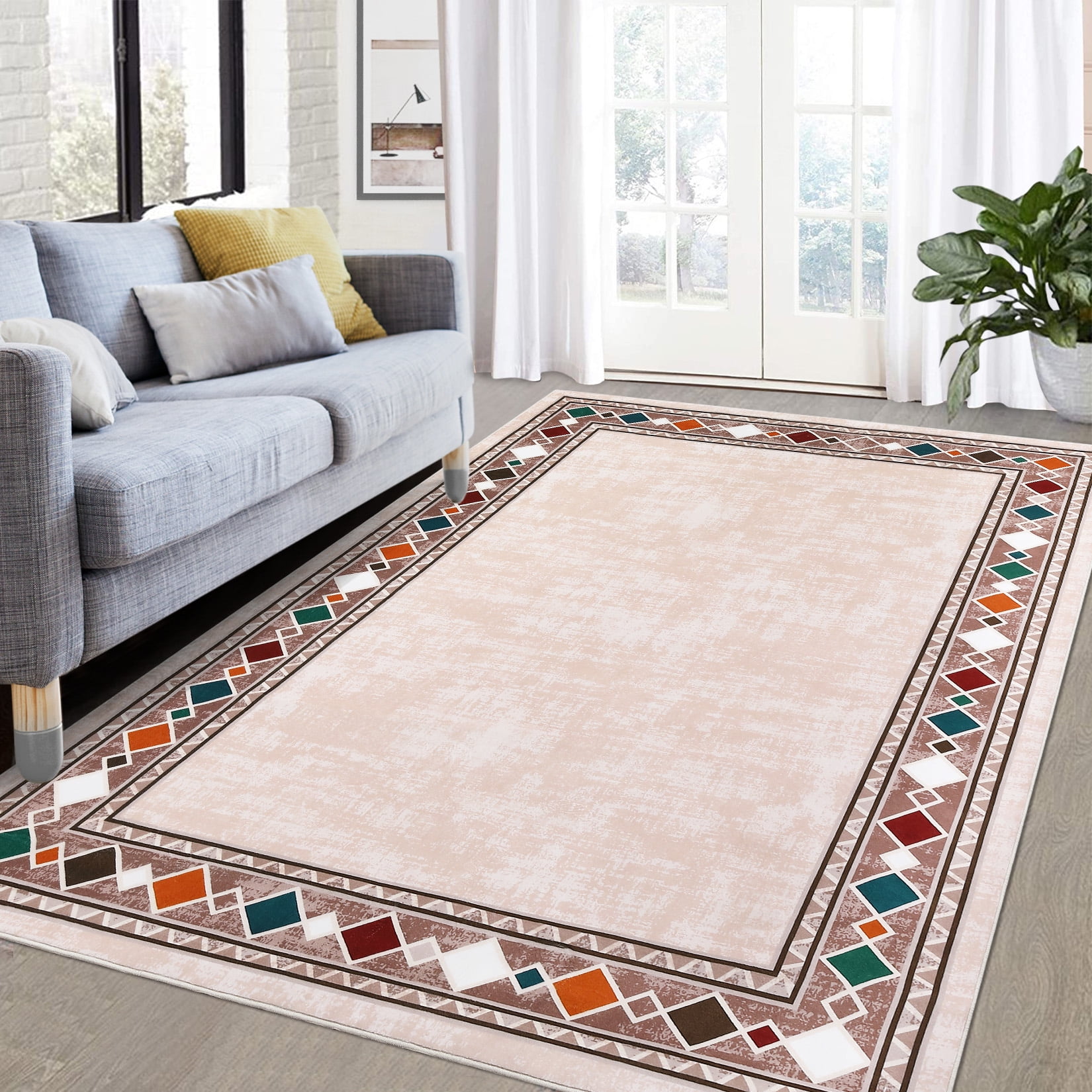 Garvee 9'x12' Geometric Bordered Area Rugs Contemporary Rugs for Living Room, Non-Slip Washable Rugs Soft Throw Rugs Low-Pile Stain Resistant Carpet for Bedroom Dining Room Farmhouse, Beige