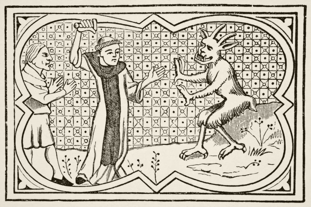 The Devil Attempts To Seize A Magician Who Had Formed A Pact With Him But Is Prevented By A Lay Brother After A Miniature In The 13Th Century Manuscript Chroniques De Saint-Denis From Science And Lite