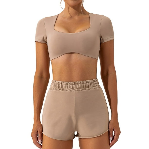 Gibobby Conjunto de entrenamiento para mujer Gym Running Fashion Speed Dry Sports Traje de yoga para mujeres(Caqui,M)