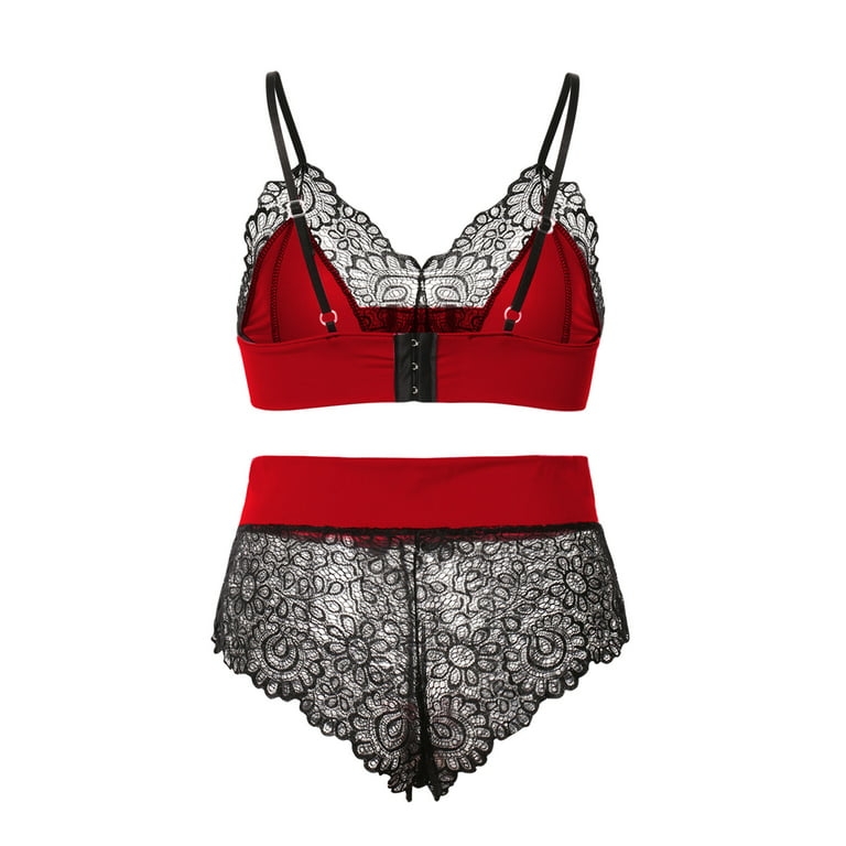 Canrulo Women Lace Lingerie Set Nightwear See-Through Floral Sling Bra and  Briefs 2pcs Red S