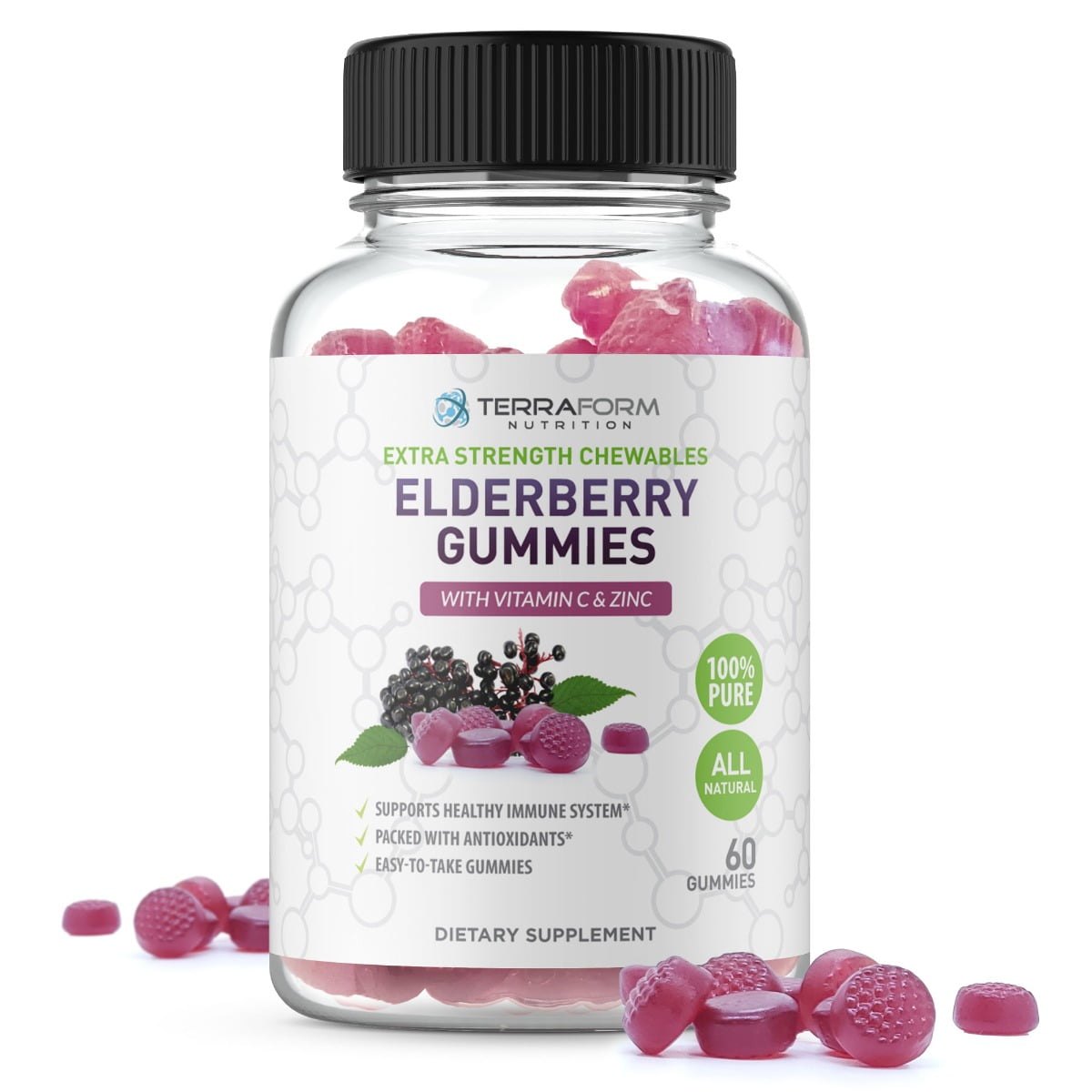 TFN Natural Elderberry Gummies with Zinc and Vitamin C - Daily Support - 1 Month Supply