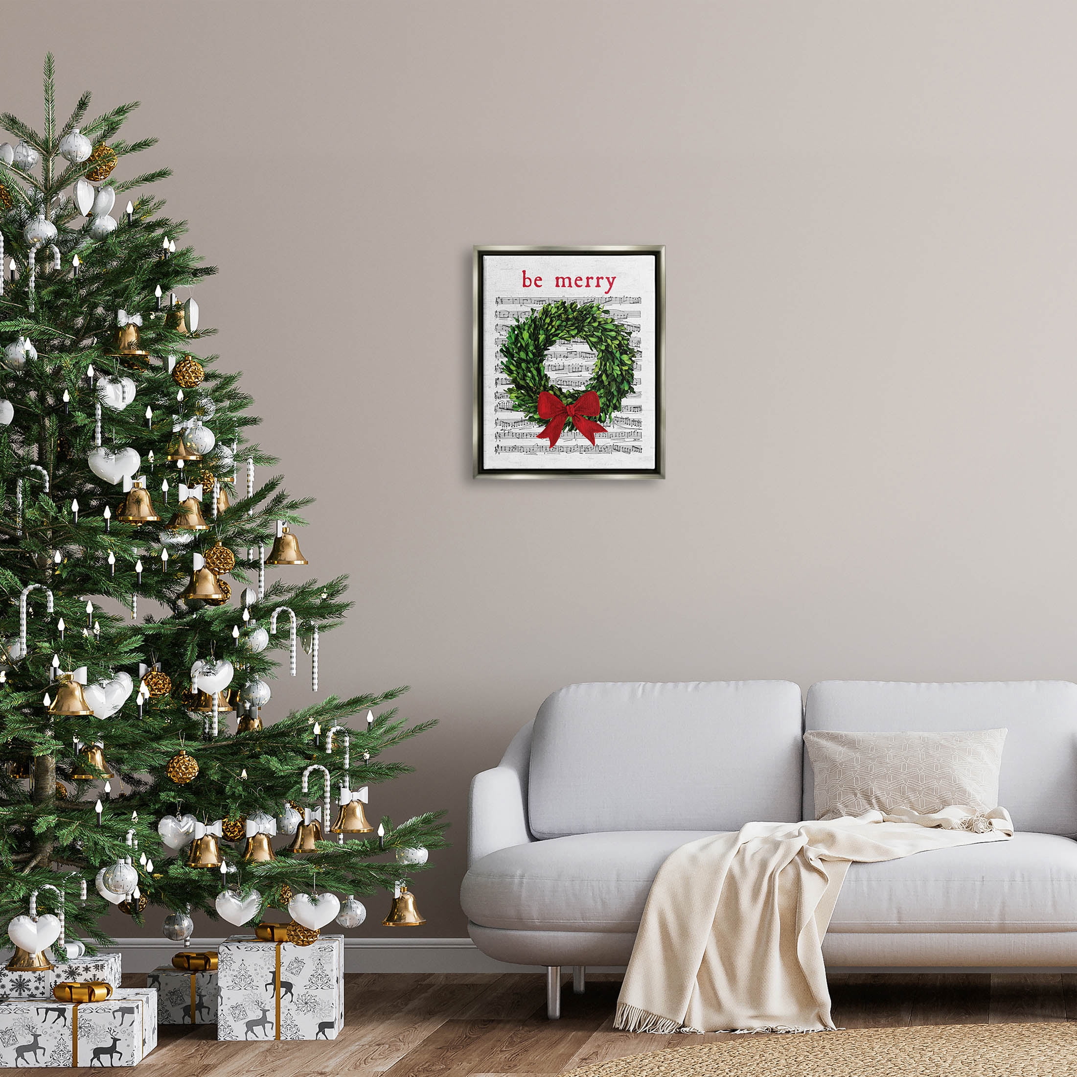 Stupell Industries Be Merry Holiday Music Wreath Graphic Art Luster Gray Floating Framed Canvas Print Wall Art, Design by Lettered and Lined