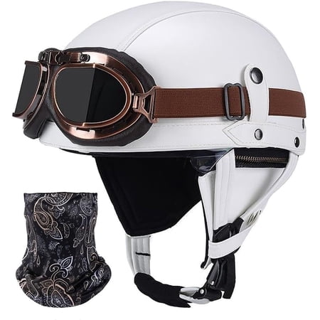 Vintage German Leather Motorcycle Half Helmet, DOT Approved Adult Men Women Half Face Motorcycle Helmets, with Goggles and Visor, for Bicycle Cruiser Scooter Chopper X