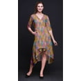 thumbnail image 3 of Bimba Cotton Brown Colorful Feather Printed Short Sleeve Classic MidiÂ&nbsp;DressÂ&nbsp;With Pockets Asymmetrical ShiftÂ&nbsp;Dress-Small, 3 of 5