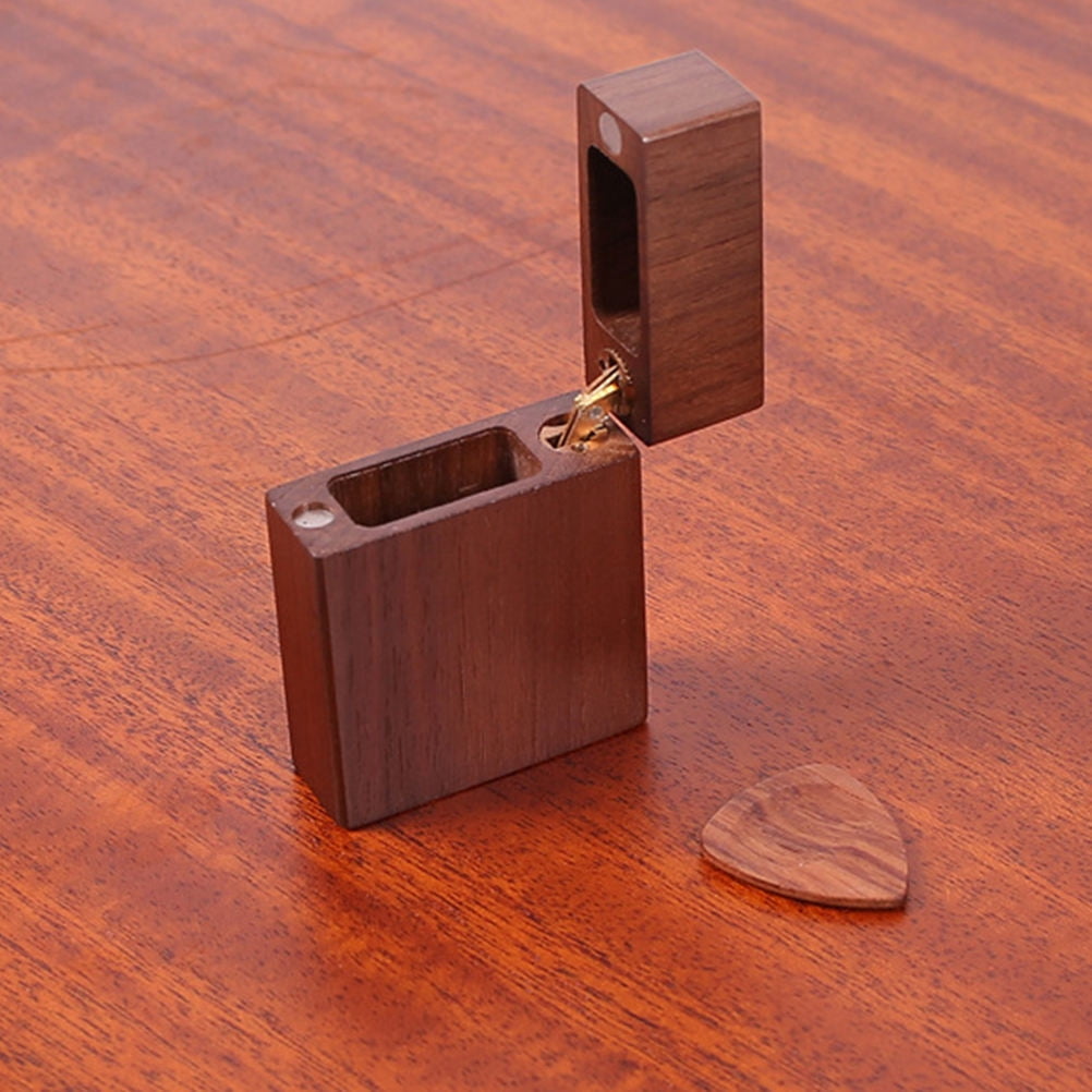 OUNONA Dark Brown Walnut Wood Guitar Pick Holder Storage Box for Guitar Accessories with Elegant Design, 1 Piece