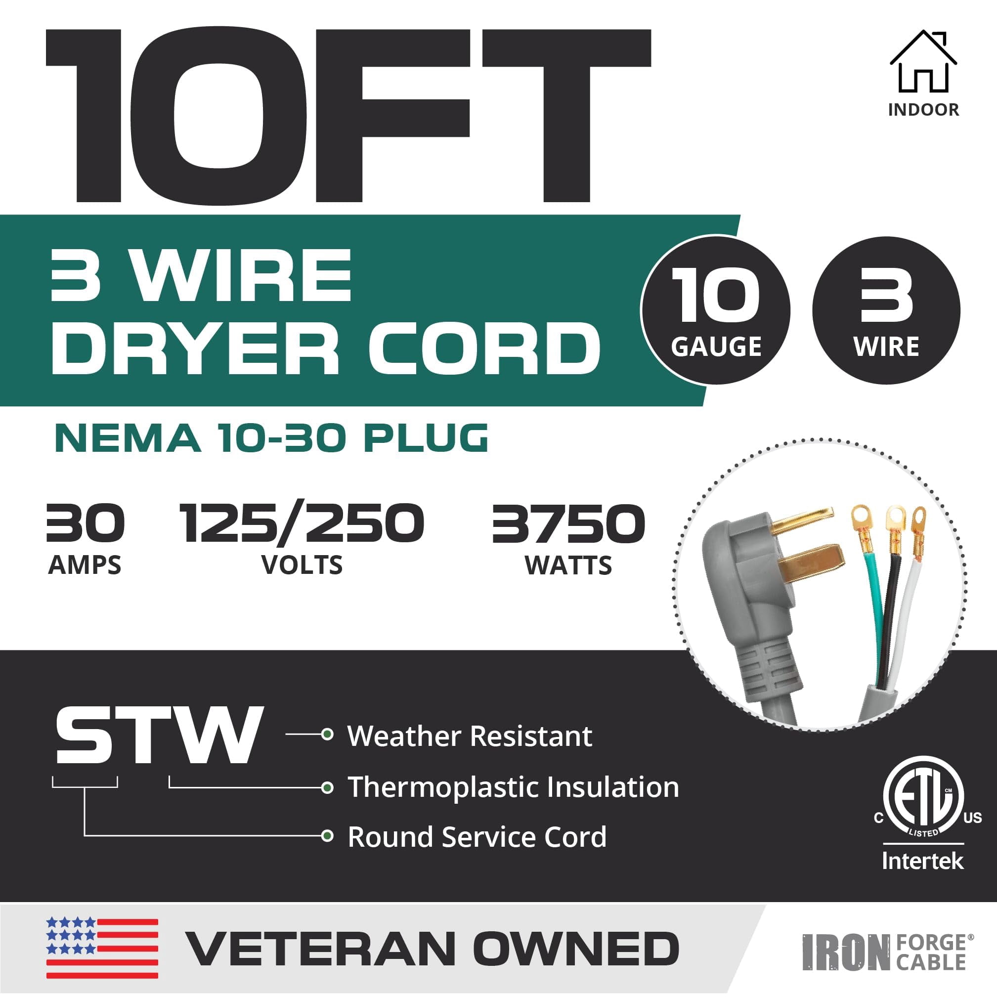 Iron Forge Cable 3 Prong Dryer Cord 10ft - NEMA 10-30 Extension Wire 30 Amp with Three Ring Terminals - 10 Gauge Appliance Power Cord 125V/250V - Flat Plug - ETL Certified STW - Gray