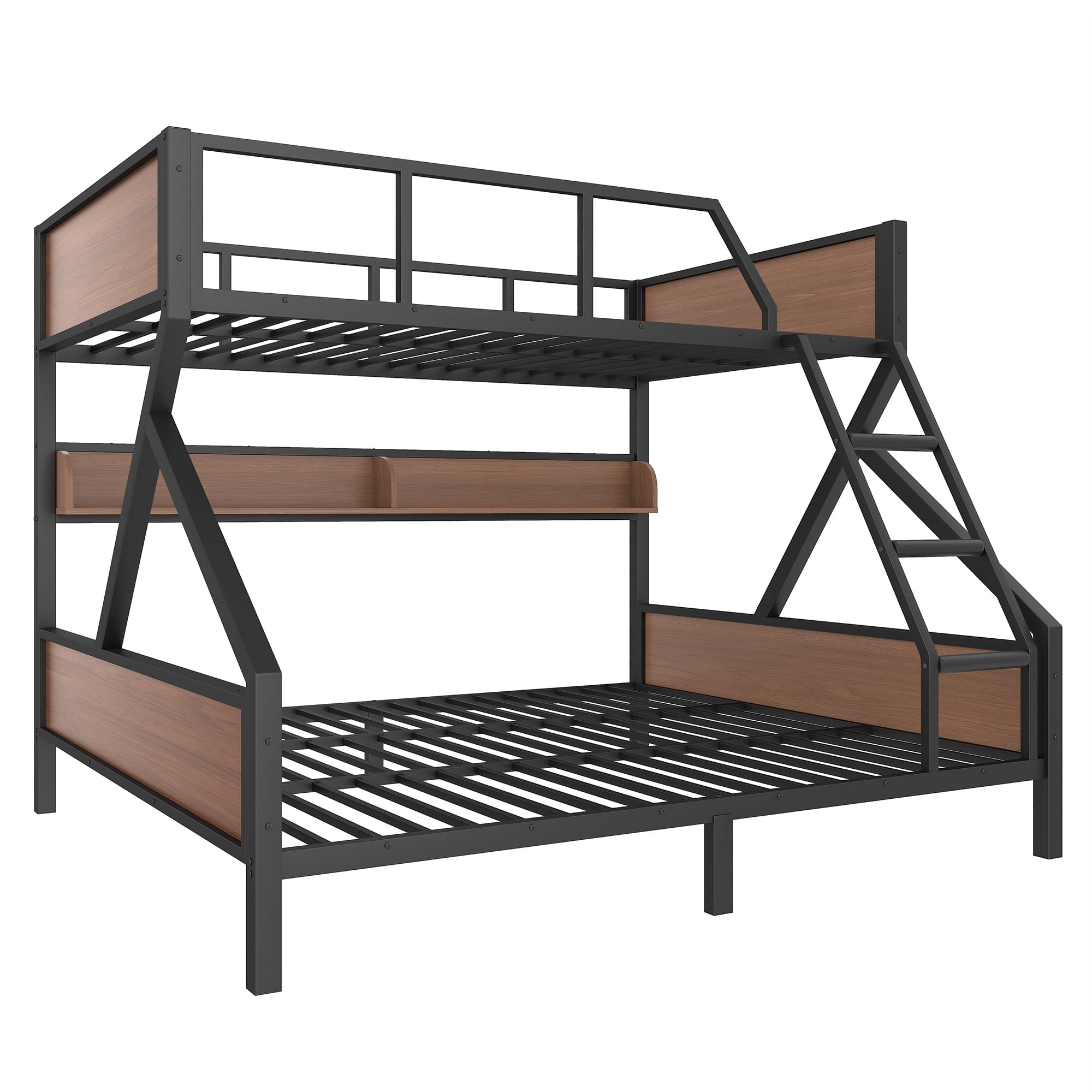 Queen over King Bunk Bed with Storage Shelves and LED Lights, Multifunctoinal Bunk Bed Frame with Ladder and Guardrails, Space-saving & Noise-free Design