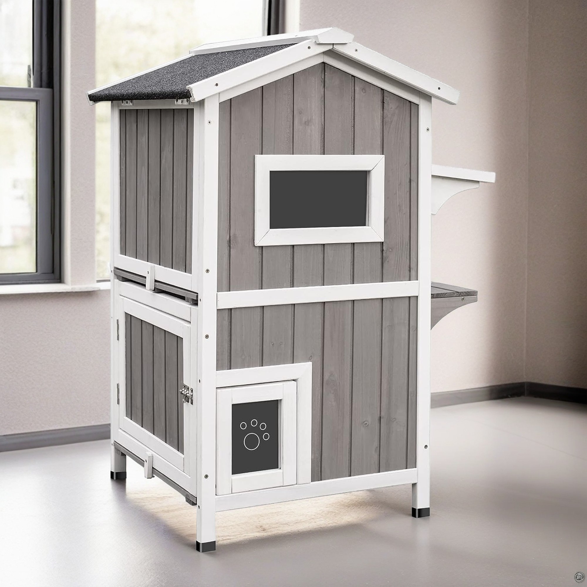 resenkos 37" Cat House for Outdoor Cats, 2-Story Wood Cat Condo Weatherproof Cat Shelter with and Escape Door, Gray