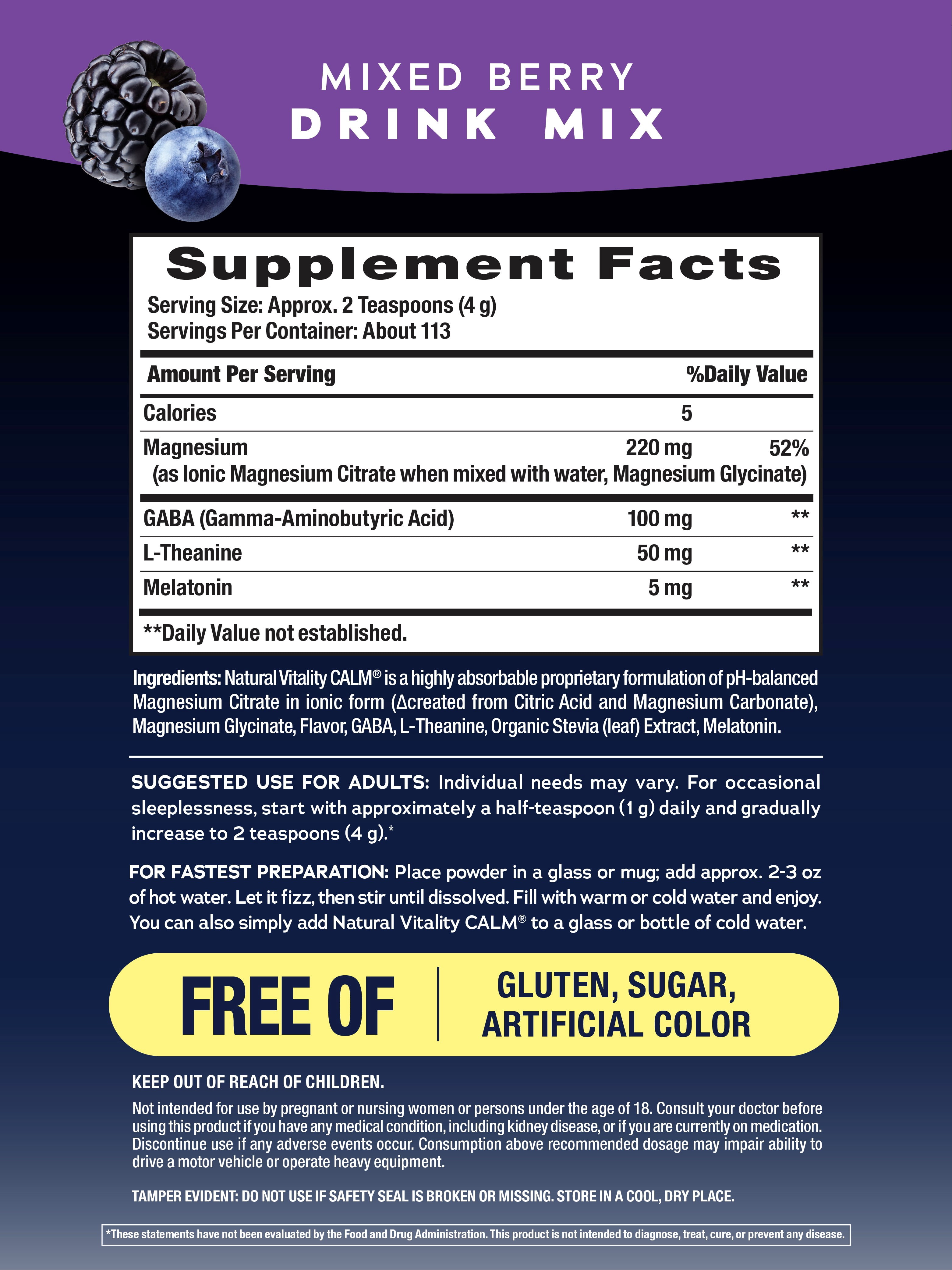 Calm Magnesium Supplement Powder for Men and Women | Mixed Berry | 16 oz | by Natural Vitality