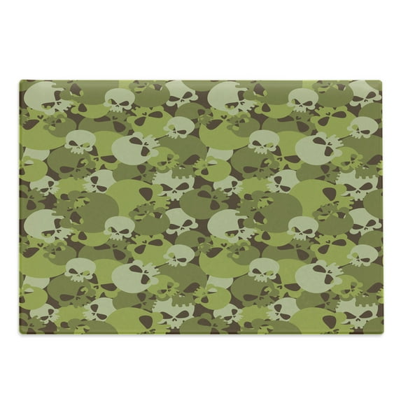 Camo Cutting Board, Composition of Skulls Scary Head Skeletons Graphic Grunge Illustration, Decorative Tempered Glass Cutting and Serving Board, Large Size, Green Pale Green Beige, by Ambesonne