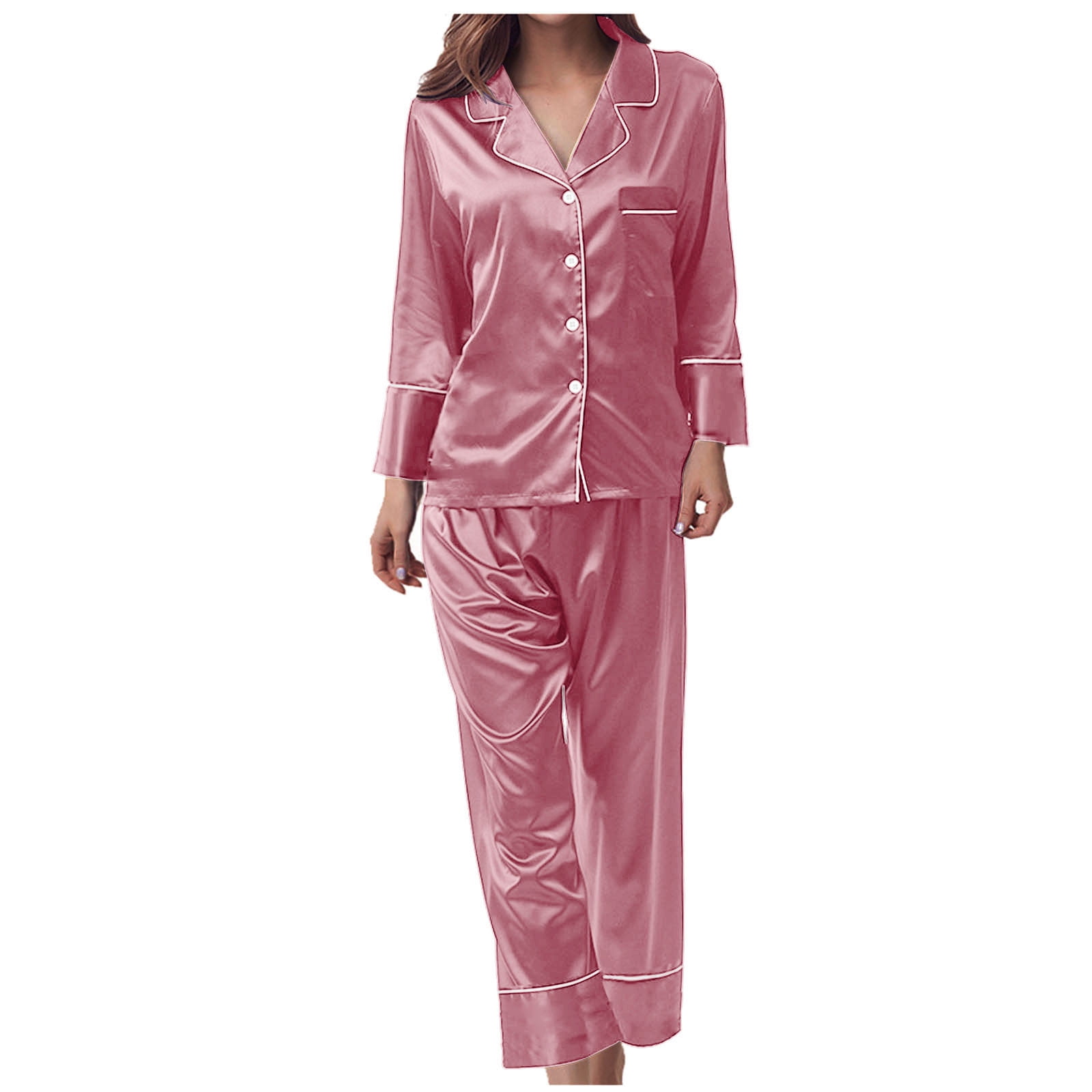 BONIXOOM Pajamas For Women Thanksgiving Pajamas Sleepwear None Long Sleeve Sleepwear Sets Solid Hot Pink L