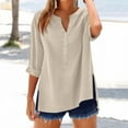 thumbnail image 2 of WTOBBY Women's V-Neck Button Down Casual Shirt, Solid Color Long Sleeve Split Hem Blouse Top, Cotton Linen Blend Lightweight Fabric for Daily Wear,Beige L, 2 of 6