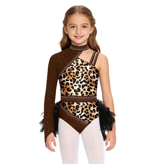 vastwit Girls Shiny Rhinestone Ballet Dress Dance Leotard with Plume Mini Skirt Latin Jazz Stage Performance Brown 14