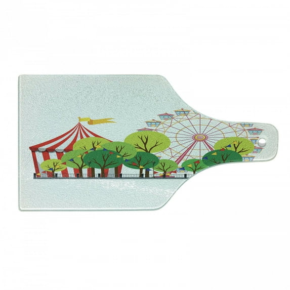 Circus Cutting Board, Circus Carnival Scene with Ferris Wheel and Tree Images Cool Fun Park Show, Decorative Tempered Glass Cutting and Serving Board, Wine Bottle Shape, Multicolor, by Ambesonne