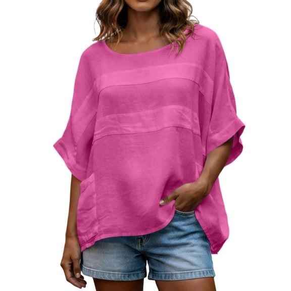 cocolona Womens Summer Linen Tops Crew Neck 3/4 Sleeve T-Shirts Fashion Casual Loose Solid Color Blouses