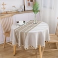 thumbnail image 1 of Round Waterproof Tablecloth, 55" Embroidery Burlap Linen with Tassel, Stain and Water Resistant Table Cover for Kitchen Dining Room(Coffee Lines), 1 of 5