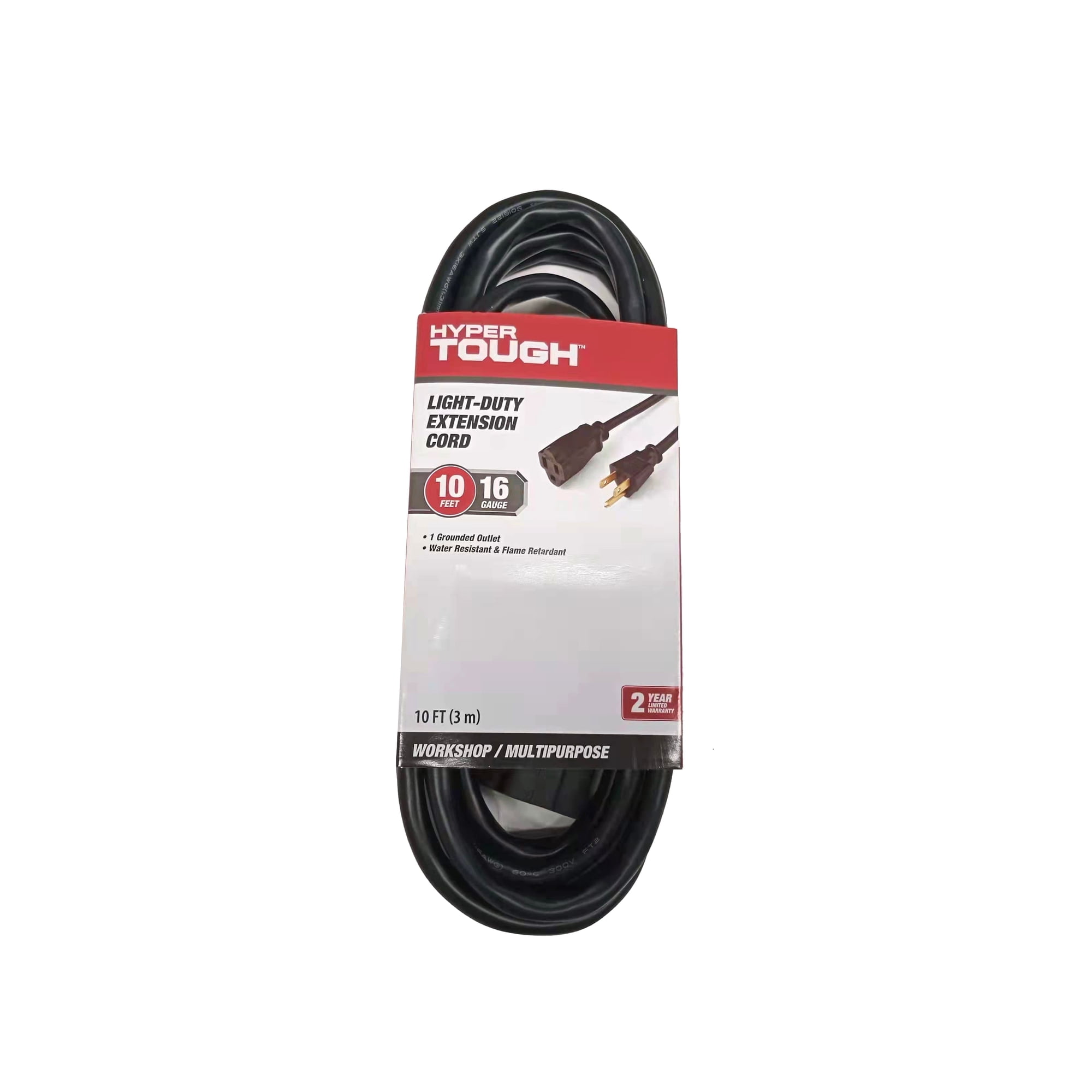 Hyper Tough 10 ft 16AWG 3-Prong Black Outdoor Single-Outlet Extension Cord, 13 Amps