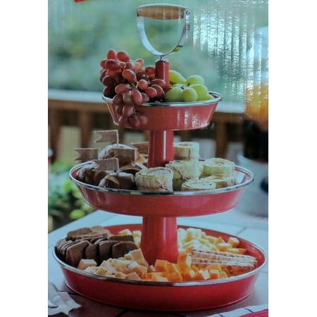 Enameled Galvanized 3 Tier Collapsible Server w/ Wood Handle & Safe Steel (Red)