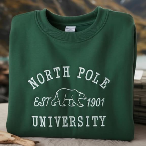 North Pole University Embroidered Sweatshirt, Christmas Polar Bear Crewneck, Vintage Xmas Sweatshirt, Santa's Gift For Family