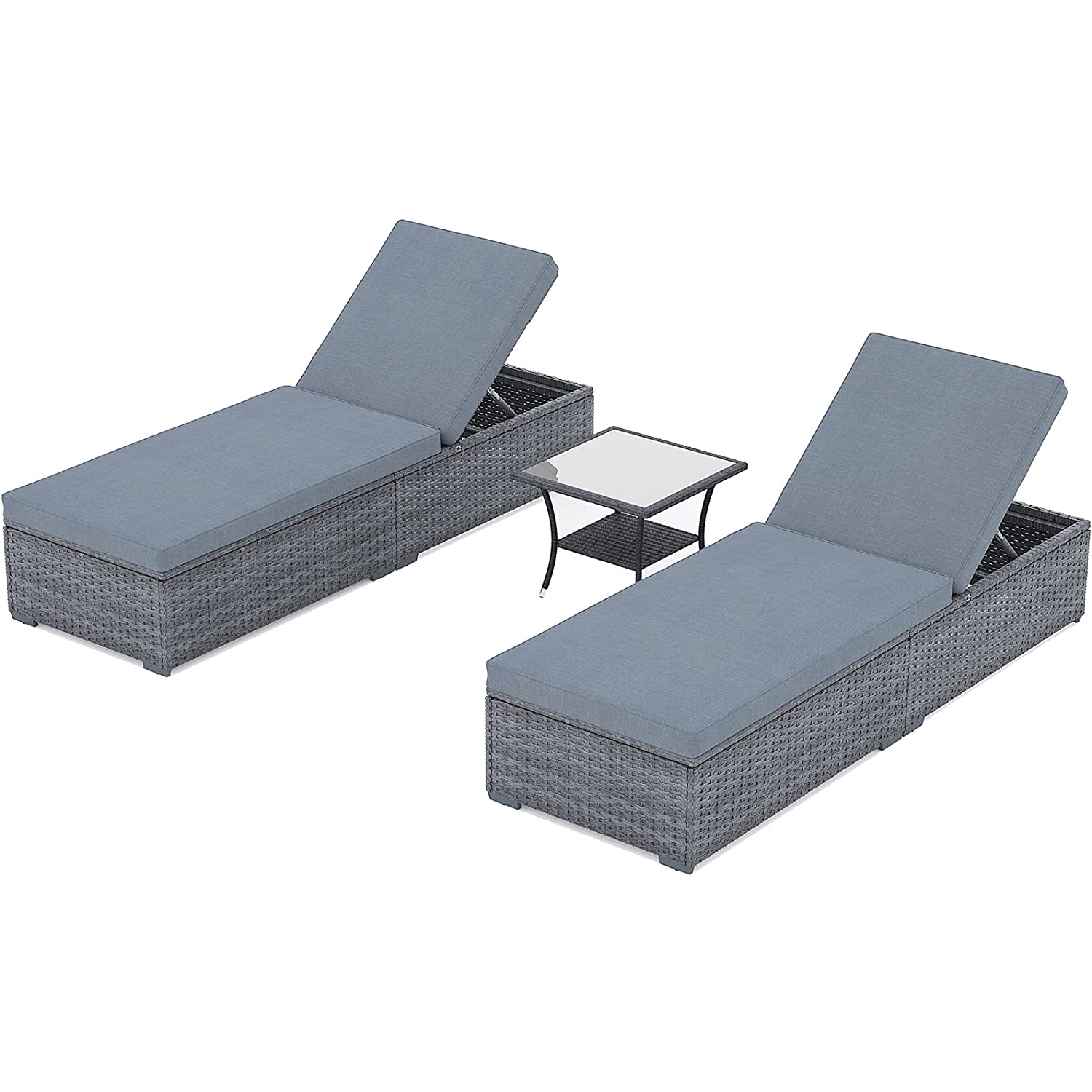 JOIVI Outdoor Chaise Lounge Chair, 3 Piece Patio Reclining Sun Lounger with Coffee Table, All Weather PE Rattan Adjustable Lounge Chair, Patio Pool Lounge Chairs with Removable Cushion, Grey - image 2 of 7
