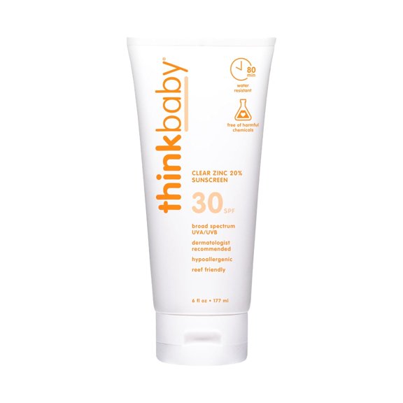 Thinkbaby Mineral Sunscreen, SPF 30 Clear Zinc Oxide Baby Sun Screen, 6 Fl Oz, Natural, Water Resistant, Reef Safe, Vegan, Broad Spectrum UVA/UVB Protection