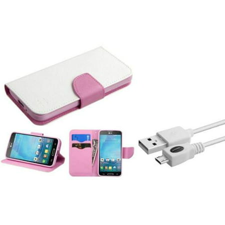 Insten Folio Leather Wallet Cover Case with Stand & Card Slot For LG Optimus L90 - White/Pink (+ USB Data Sync Charge