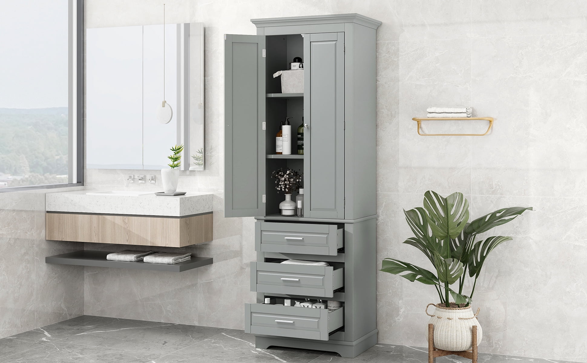 Euroco Tall Storage Cabinet with 3 Drawers and Adjustable Shelves, MDF with Painted Finish, Anti-Tipping Design, Metal Hardware, Multi-Purpose for Bathroom, Kitchen, or Office