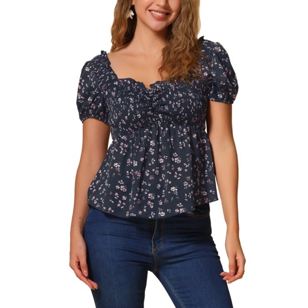 TOP Peplum de Mujer INSPIRE CHIC con Mangas Cortas y Escote Corazón, Blusa Floral Fruncida Azul Oscuro XS