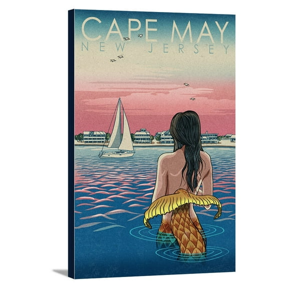 Cape May, New Jersey - Mermaid & Beach - Woodblock Print - Lantern Press Artwork (24x36 Gallery Wrapped Stretched Canvas)