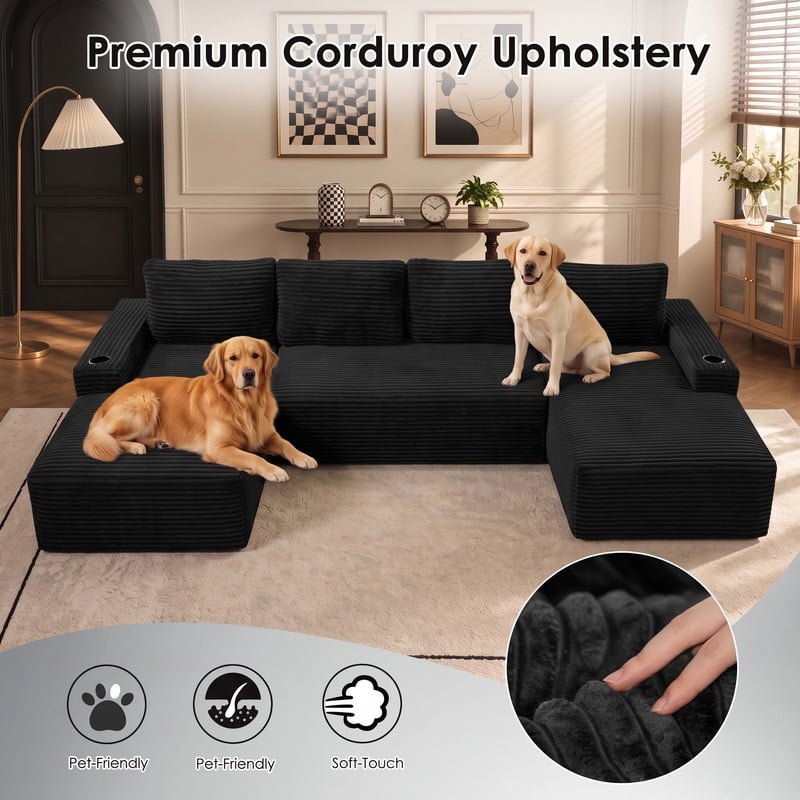 Anpport 133" Boneless Cloud Modular Sectional Couch, Corduroy Sofa with Cup Holders, Side Pockets, Deep Seat, No Assembly Required for Living Room, Black (U‑Shaped)