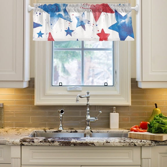 Blue Red Stars Curtain Valances Farmhouse Design Window Treatment Decor Blackout Rod Pocket for Windows Living Room Kitchen 54" x 18"