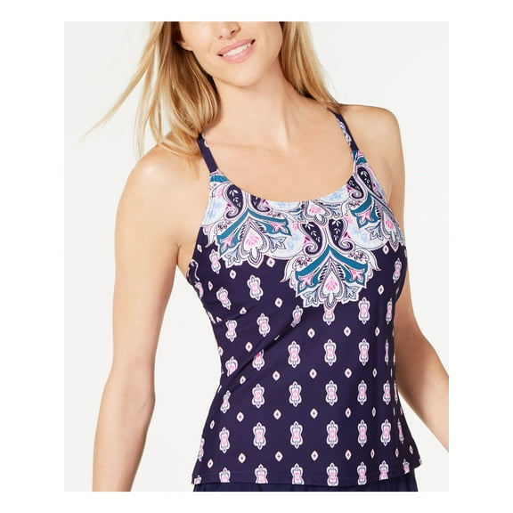 ISLAND ESCAPE Women's Navy Printed Push-Up Lined Stretch Removable Cups Strappy Jetset Scoop Neck Tankini Swimsuit Top 8