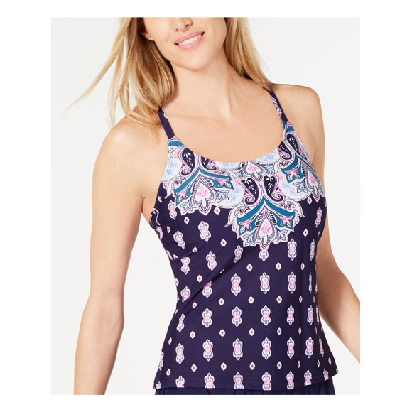 ISLAND ESCAPE Women's Navy Printed Push-Up Lined Stretch Removable Cups Strappy Jetset Scoop Neck Tankini Swimsuit Top 6