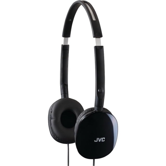 jvc - auriculares intrauditivos planos y plegables, coloridos, planos, negros, con enchufe delgado para teléfono chapado en oro de 3,94 pies has160b Auriculares JVC HAS160 Flats negros, vista frontal en 3/4 con diadema delgada y almohadillas suaves sobre la oreja; copas giratorias que se pliegan planas y carcasa exterior brillante con logo JVC. Varilla ajustable de acero inoxidable, cable de 1,2 m (3,94 ft) y conector chapado en oro. Respuesta de frecuencia 12–24,000 Hz y controladores de neodimio de 30 mm; adecuados para uso de viaje por su perfil compacto.