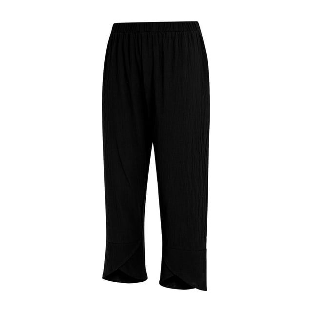 Pantalones de lino para mujer, Noveno pantalón Color sólido Cintura media Suelto Casual con bolsillos XBTCLXEBCO XXXXL;Negro