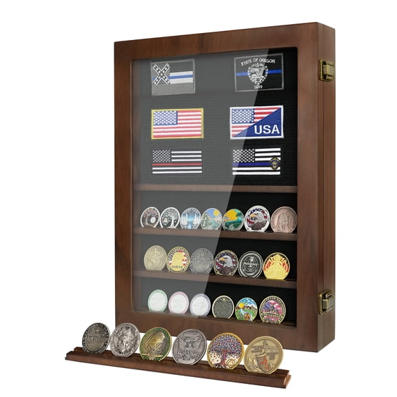 Challenge Coin Display Case with HD Tempered Glass, Wooden Shadow Box with Removable Shelves, Wall Mountable or Tabletop Display, Walnut