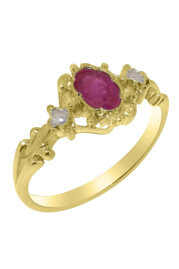 LBG British Made 9k Yellow Gold Natural Ruby & Cultured Pearl Womens Anniversary Ring - 33 size options - Size 7.5