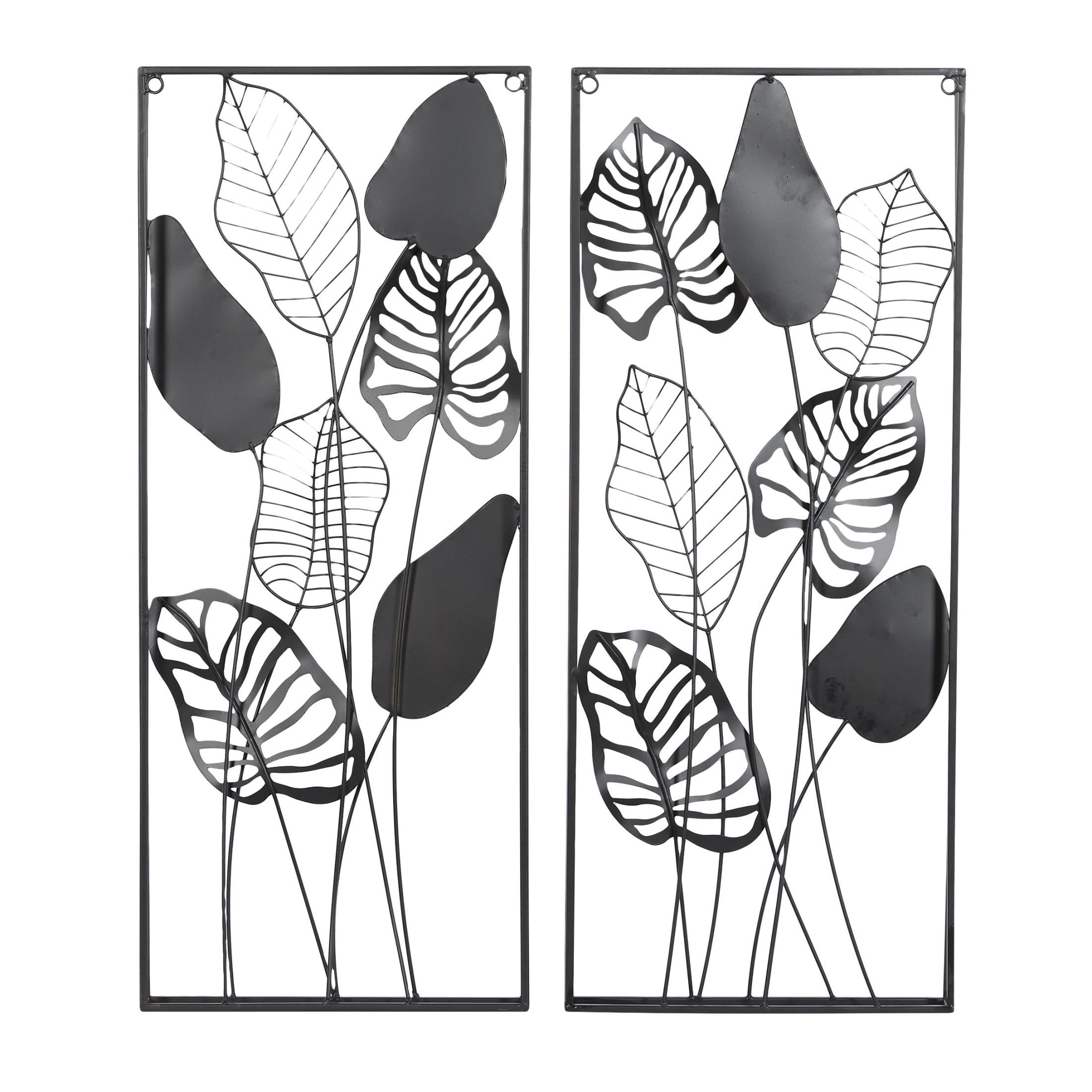 DecMode Black Metal Tall Cut-Out Leaf Wall Decor with Intricate Laser Cut Designs (2 Count)