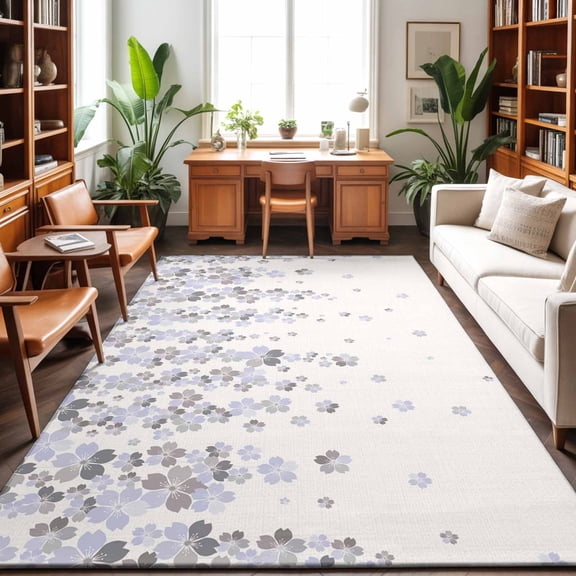 Large Area Rugs 9'x12', Light Purple Cherry Carpet Runner Indoor Outdoor Rugs Home Decor Aesthetic, Spring Floral Gray Flowers Blossom Beige Non Slip Mats Washable Accent Rug for Living Room Bedroom
