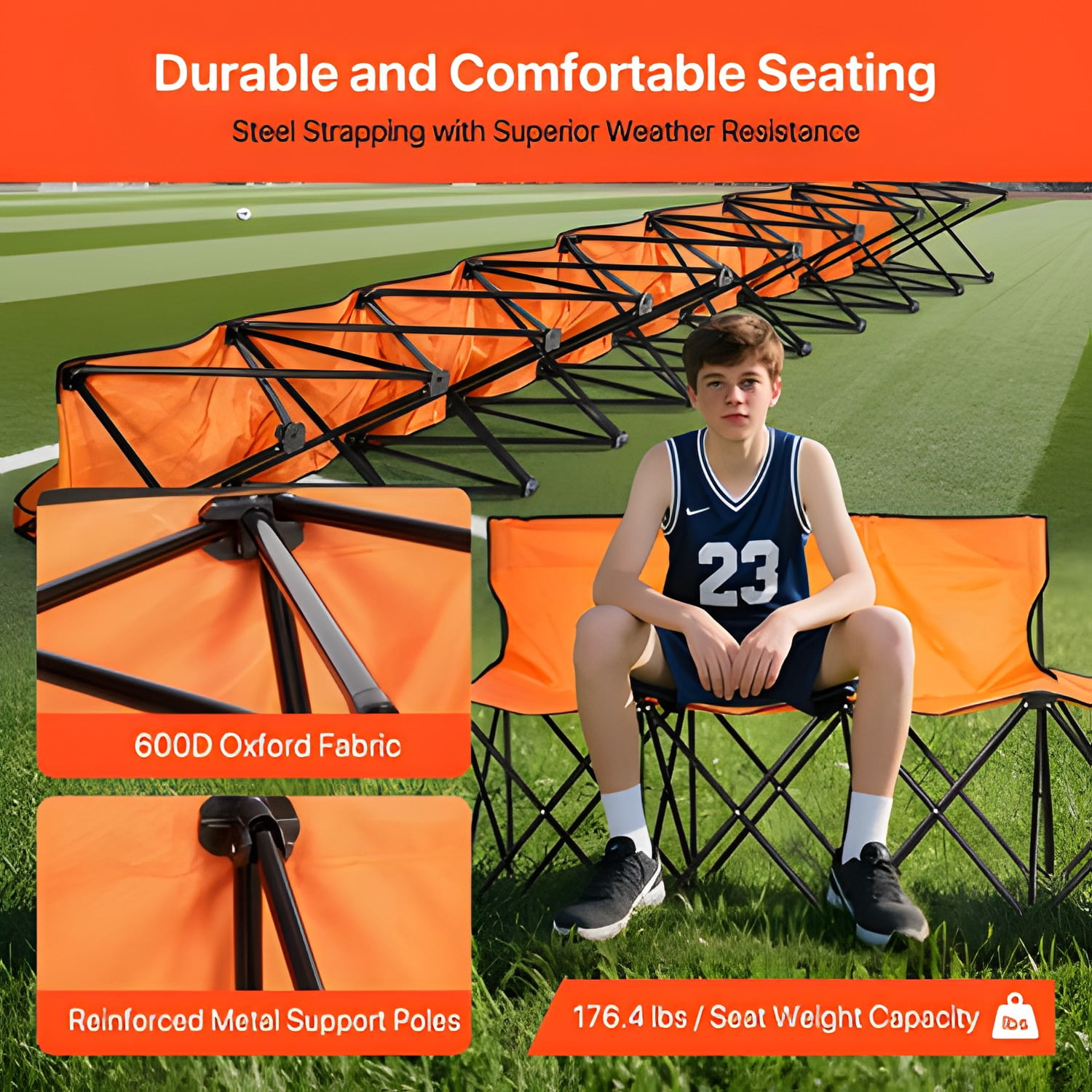 Portable Folding Bench, 6 Seat Foldable Soccer Bench with Side Pockets and Carrying Bag, Lightweight Sideline Seating with Back Rest for Football, Baseball, Camping, Outdoor Events, Orange