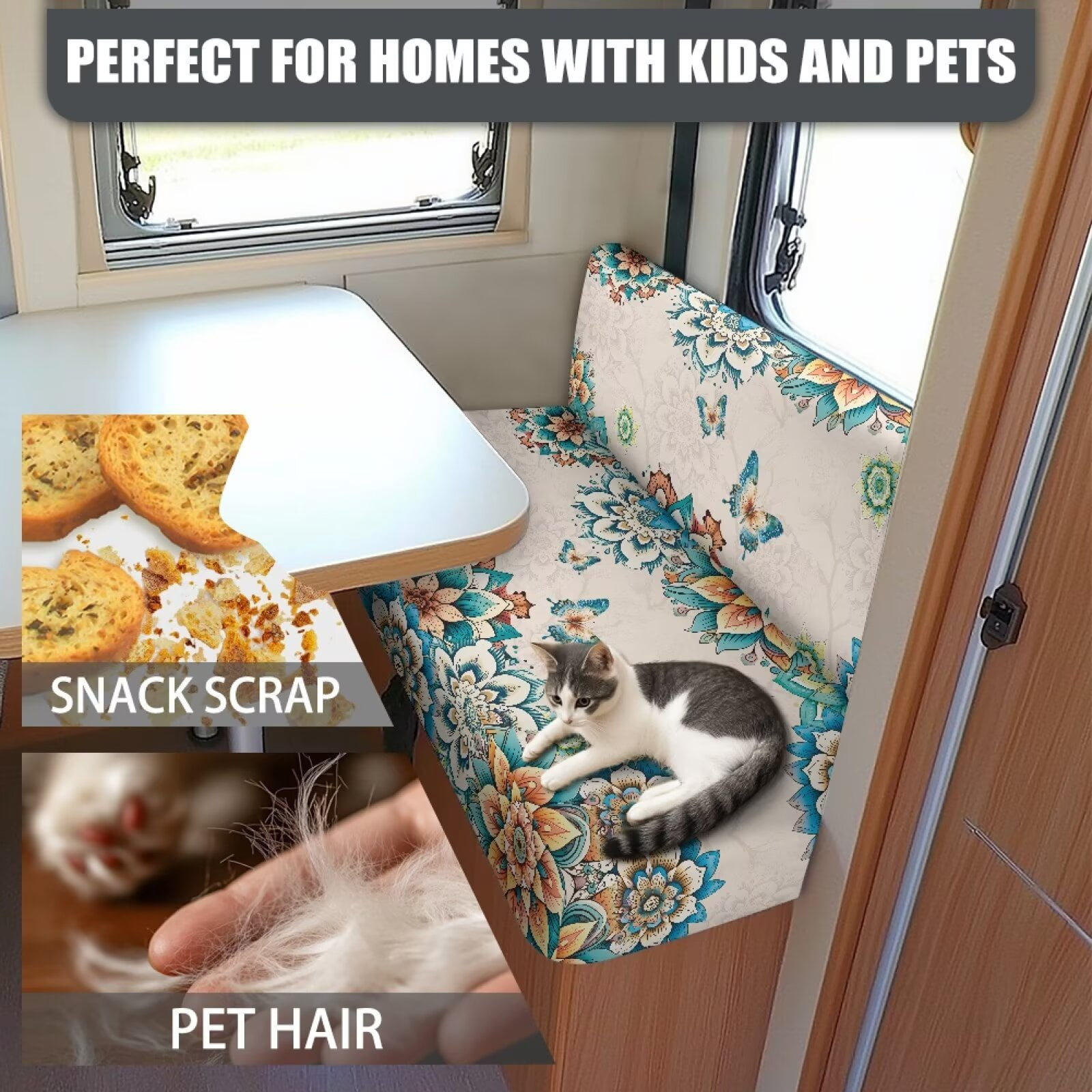 XYZCANDO Butterfly Floral RV Dinette Cushion Covers Universal Camper Accessories for Inside Sofa Covers Washable Washable Couch Cover 2 Cushion Sofa 1 Backrest Cover and 1 Bench Cover White