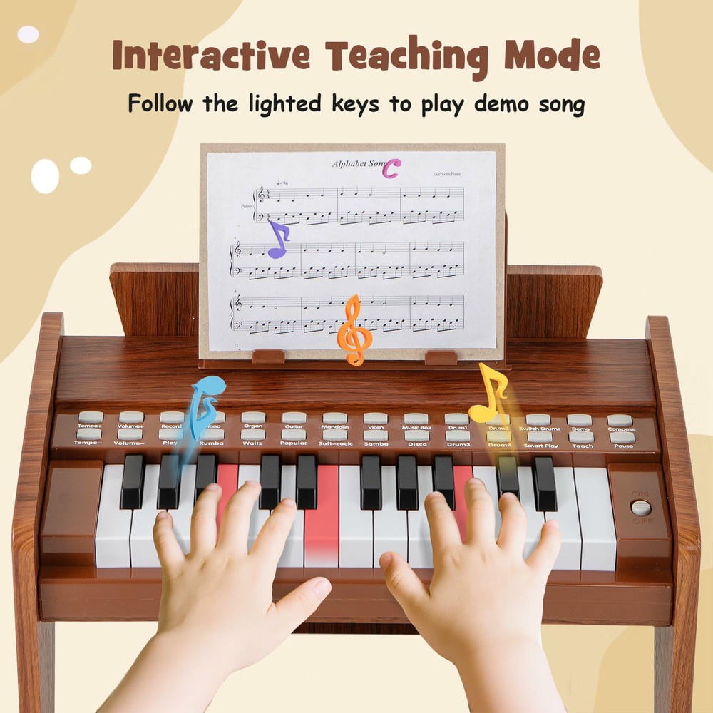 Barara King 25 Keys Portable Music Keyboard Piano with Adjustable Speed and Volume for Toddlers Boys Girls, Beginner, Brown