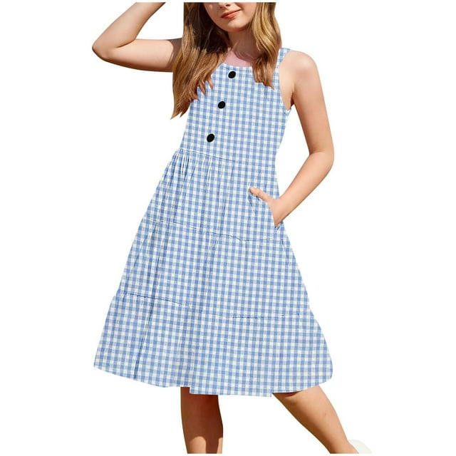 Bwiyojiz Robe Sans Manches à Col Rond Tailles Mode 90-150 2-12 Ans Robe d'Été Décontractée à Col Rond à Boutons avec Poches pour Filles, 2, Cadeaux pour la Famille, Bleu