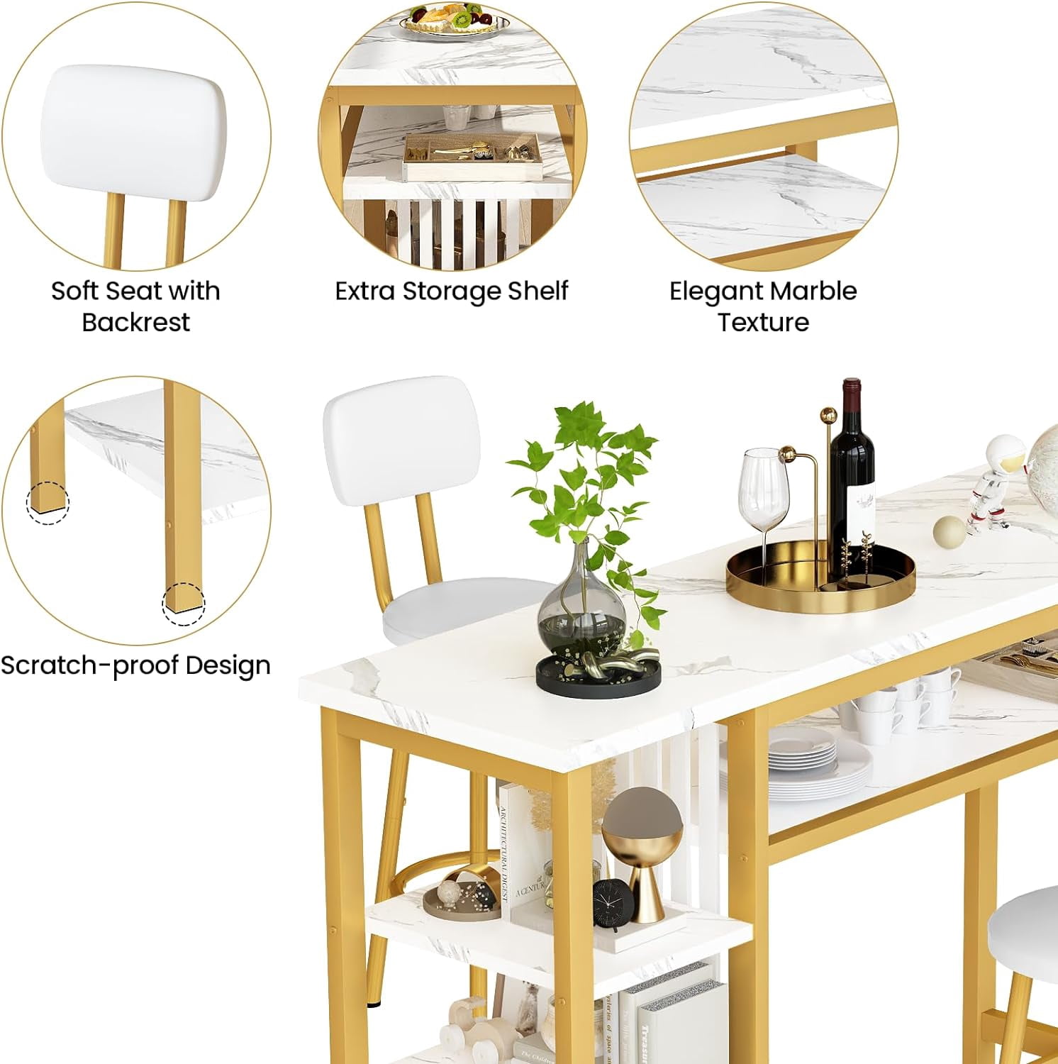 LinkRomat Bar Table and Chairs Set for 2, Marble Kitchen Island Table with 2 PU Bar Stools, Tall Kitchen Table and Chairs with Storage for Small Spaces, Home & Apartment, Gold