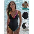 thumbnail image 5 of Women'S Tummy Control Swimsuits Neon Color Block Swimwear Deep V Neck Slimming Bathing Suit Black XXL, 5 of 6