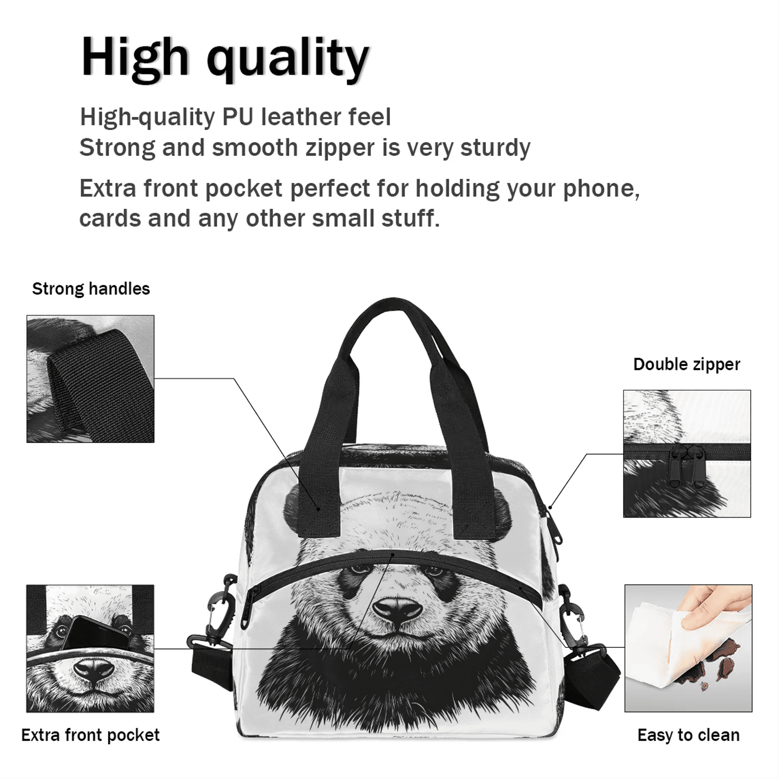 Herdesigns Panda Lunch Bag for Women Men Adult, Animal Theme Large Insulated Reusable Lunch Box Leakproof Portable Cooler Tote Bags for Work Picnic Beach