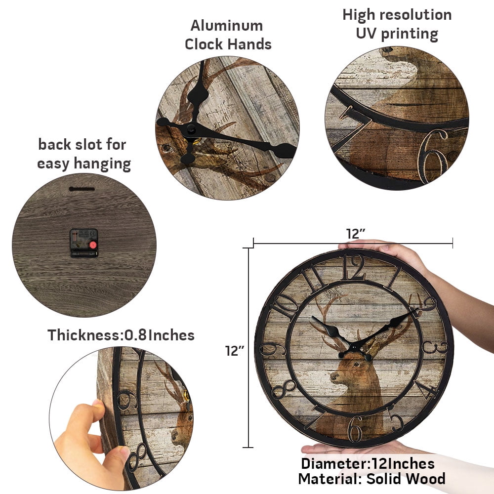 12" Vintage Deer Head Wood Wall Clocks With Slient Non-ticking Movement Operated by Battery