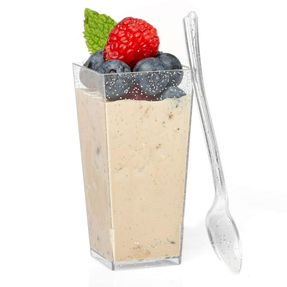 Ilyapa 3oz Plastic Dessert Cups - 100 Pack Mini Dessert Cups with Spoons - Clear Reusable Small Appetizer Cup for Cheesecake Shooters, Chocolate Mousse - Party and Catering Supplies - Square Silver