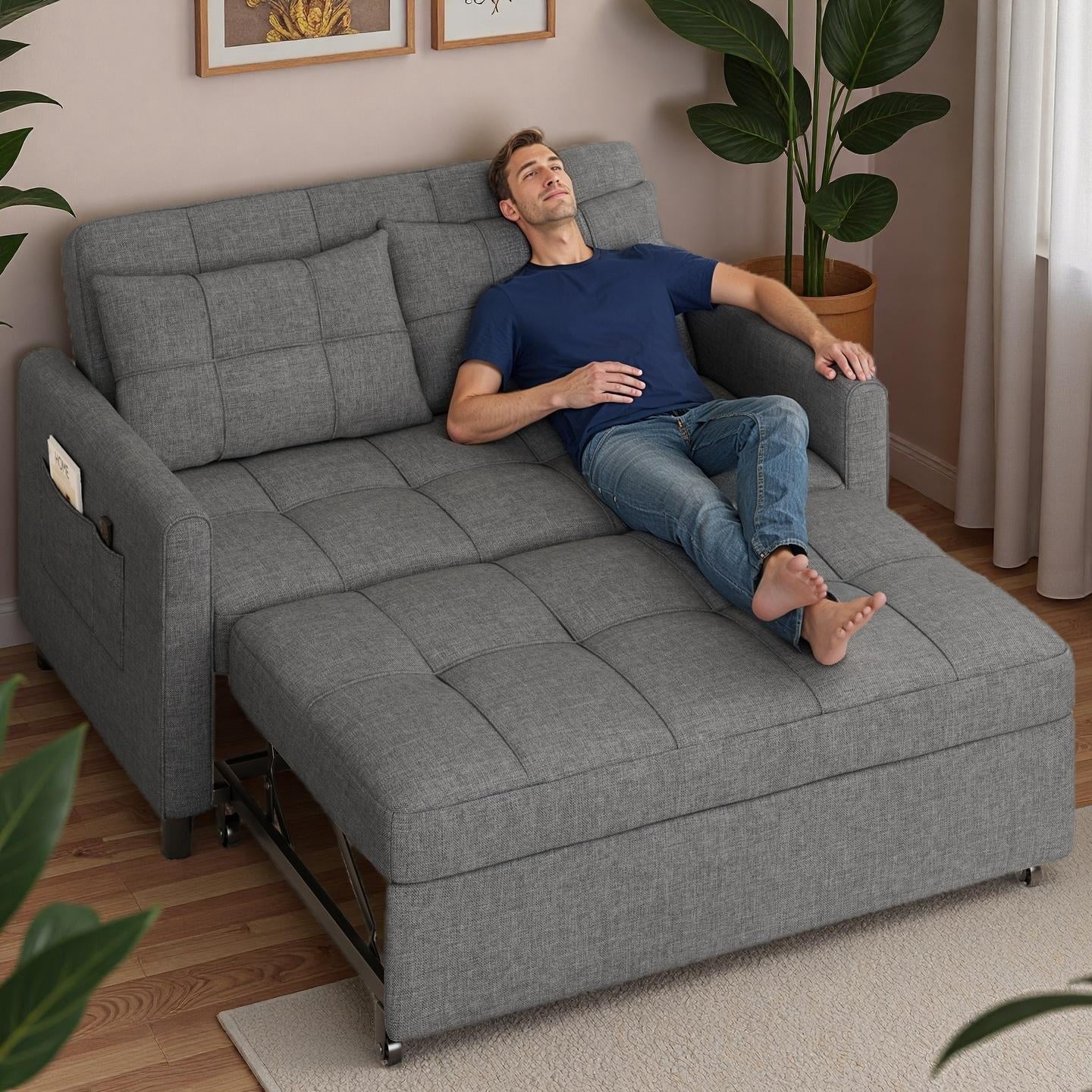 Lofka Futon Sofa Bed, 3-in-1 Sleeper Sofa with Adjustable Backrest for Living Room,Apartment,Linen Fabric,Dark Gray